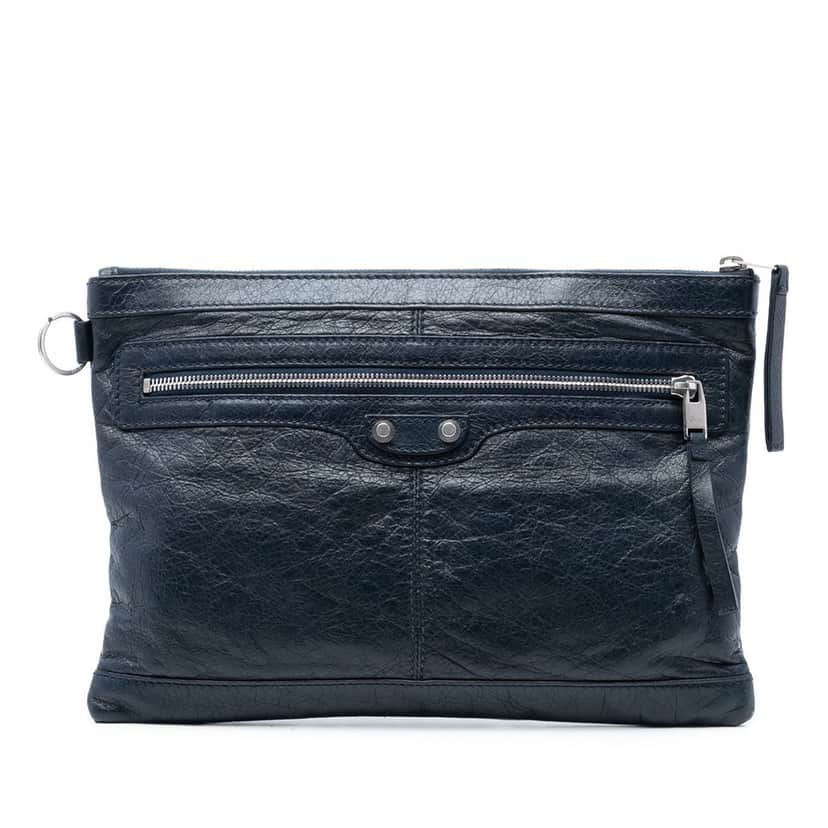 Balenciaga Lambskin Motocross Classic Clip M Clutch Blue Leather Very good condition - Front View