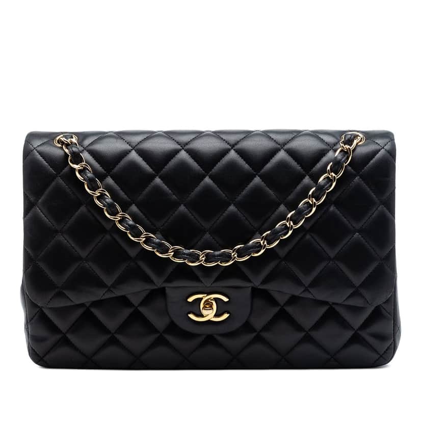 Chanel Jumbo Classic Lambskin Double Flap Black Leather Very good condition - Front View