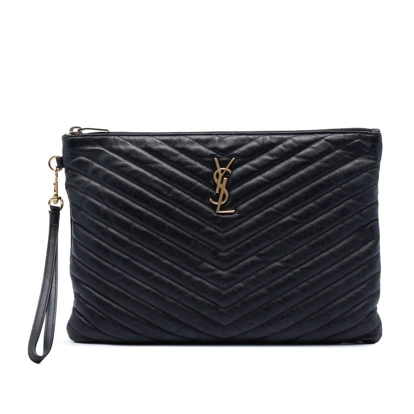 Saint Laurent Chevron Calfskin Monogram Zip A4 Pouch Black Leather Very good condition - Front View