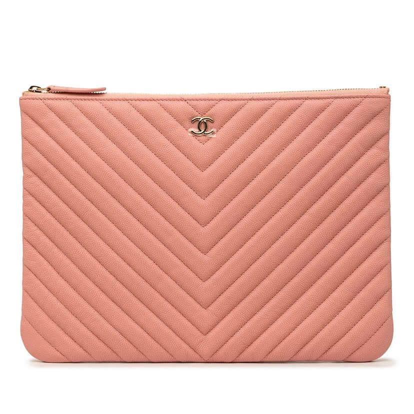 Chanel Medium CC Chevron Caviar O Case Clutch Pink Leather Very good condition - Front View