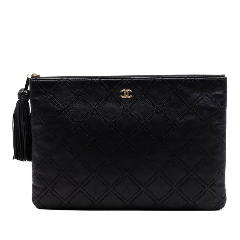 Chanel Large Quilted Lambskin Double Stitch Tassel O Case Clutch Black Leather Very good condition - Front View