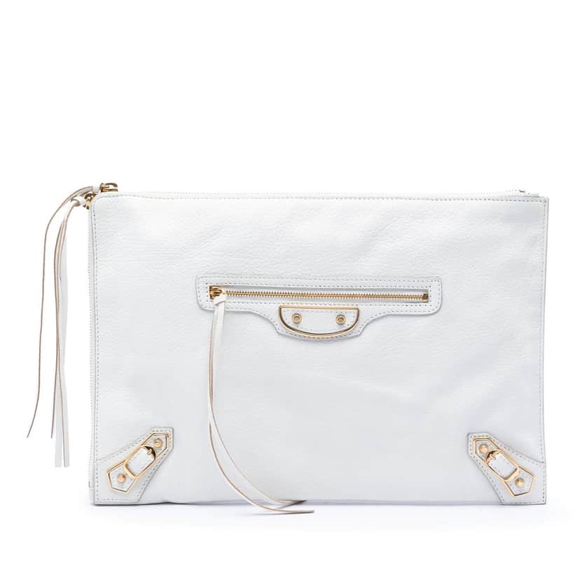Balenciaga Chevre Motocross Classic Metallic Edge Clutch White Leather Very good condition - Front View