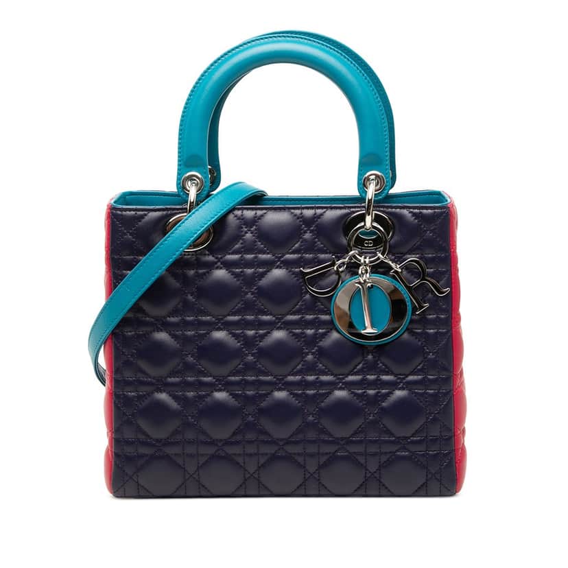 Dior Medium Tricolor Lambskin Cannage Lady Dior Blue Leather Very good condition - Front View
