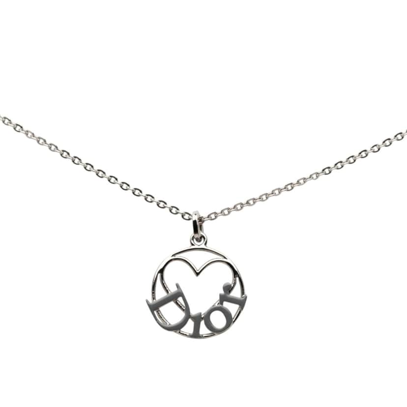 Dior Brass Heart Logo Pendant Necklace Silver Metal Very good condition - Front View