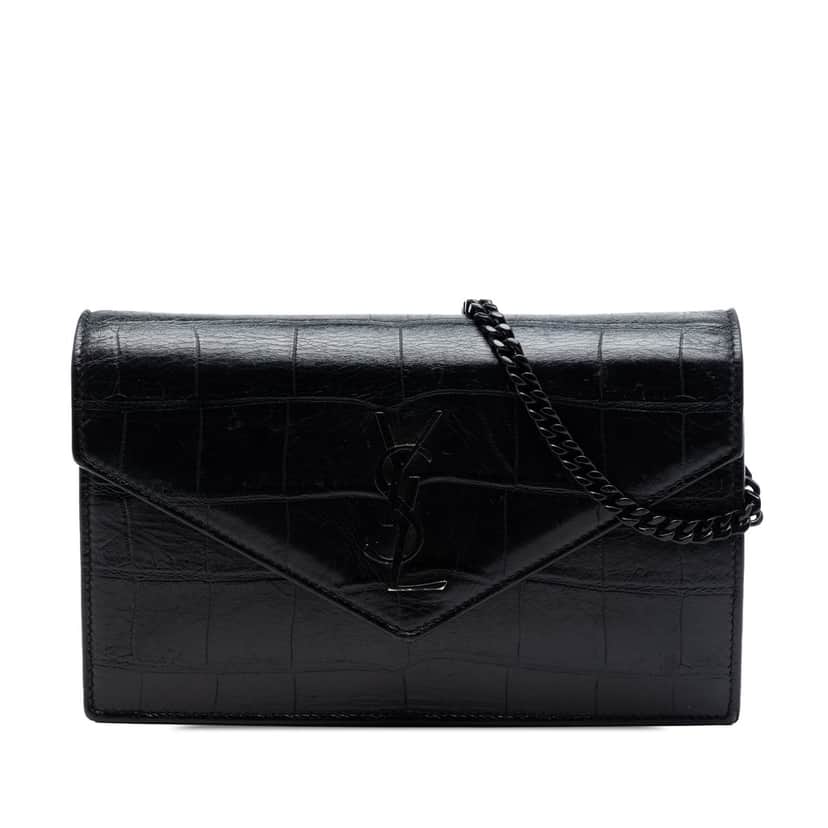 Saint Laurent Croc Embossed Leather Monogram Monochrome Envelope Chain Wallet Black Leather Very good condition - Front View