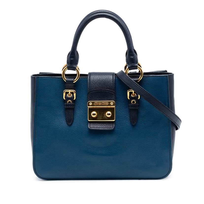 Miu Miu Bicolor Goatskin Madras Satchel Blue Leather Very good condition - Front View