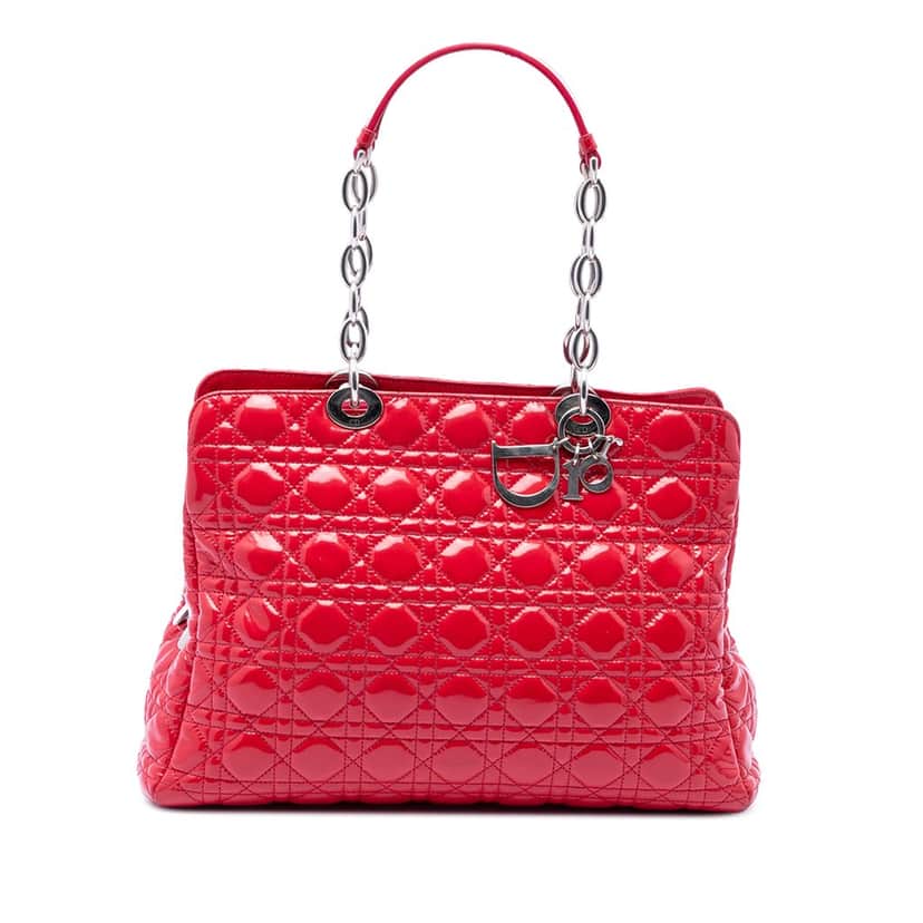 Dior Large Patent Cannage Lady Dior Soft Shopping Tote Red Leather Very good condition - Front View