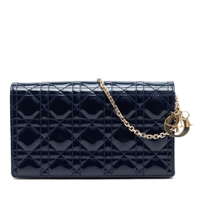 Dior Patent Cannage Lady Dior Pouch with Chain Blue Leather Very good condition - Front View