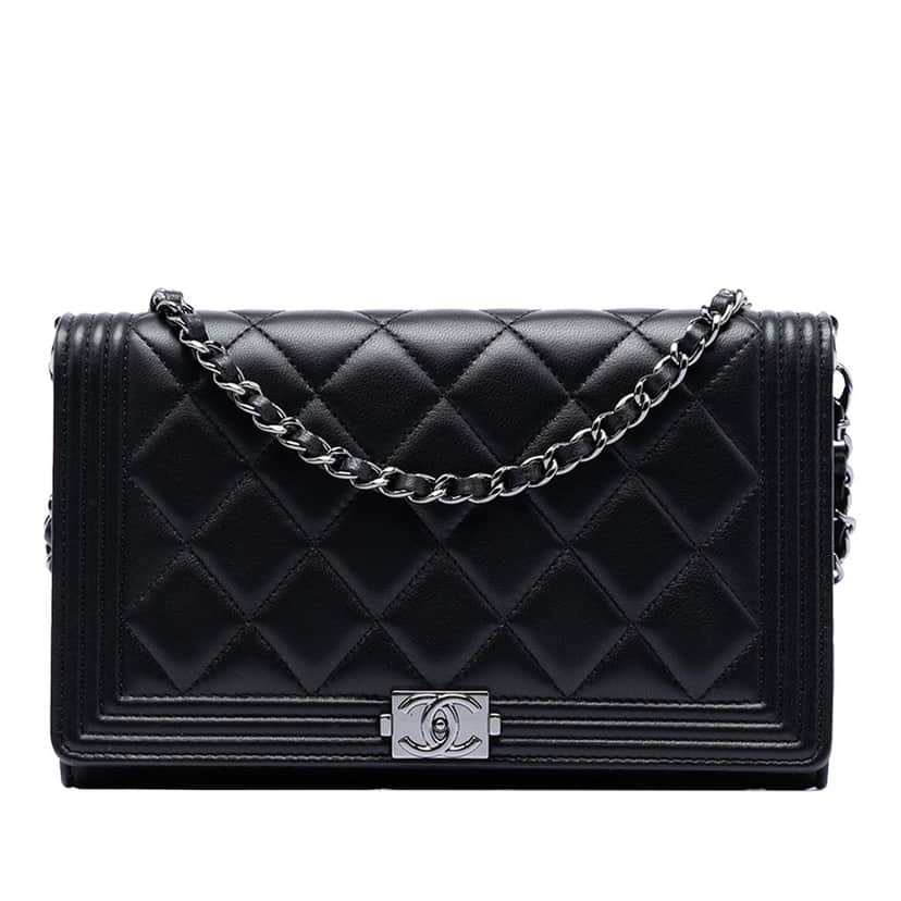 Chanel Quilted Lambskin Boy Wallet On Chain Black Leather Very good condition - Front View