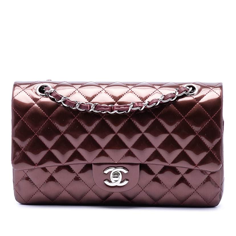 Chanel Medium Classic Striped Patent Double Flap Red Leather Very good condition - Front View