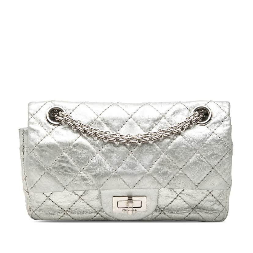 Chanel Metallic Aged Calfskin Reissue 2.55 Double Flap 224 Silver Leather Very good condition - Front View