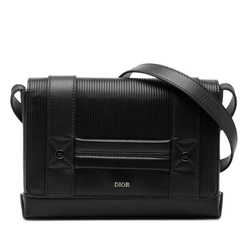Dior Ribbed Calfskin Flap Messenger Bag Black Leather Very good condition - Front View