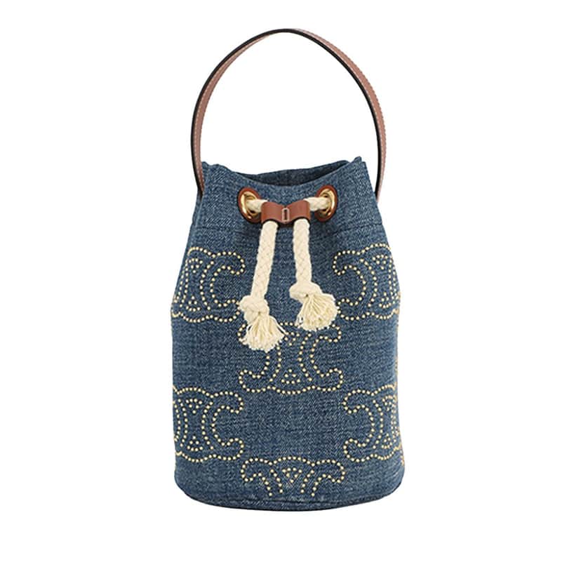 Celine Small Denim Triomphe Drawstring Bucket Bag Blue Very good condition - Front View