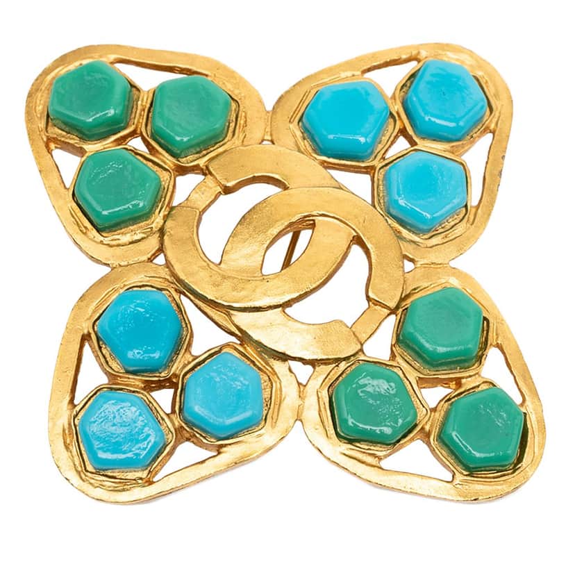 Chanel CC Gold Plated Clover Gripoix Brooch Gold Metal Very good condition - Front View
