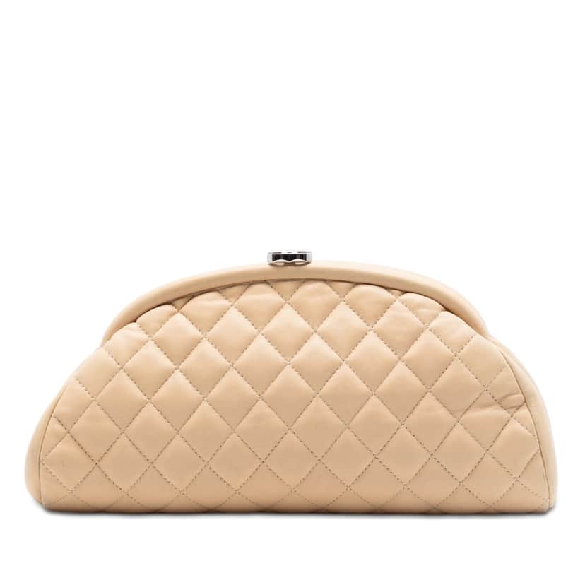Chanel Quilted Lambskin Timeless Kisslock Clutch Beige Leather Very good condition - Front View