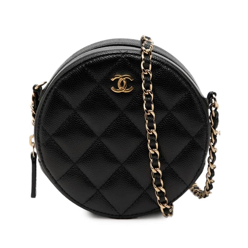 Chanel CC Quilted Caviar Round Clutch With Chain Black Leather Very good condition - Front View