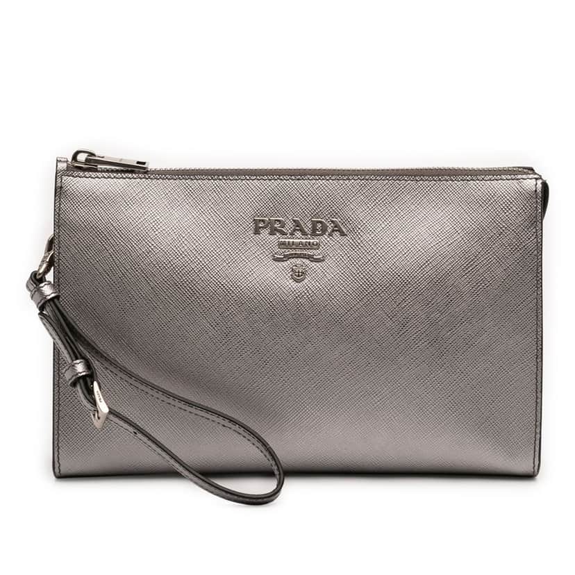 Prada Metallic Saffiano Wristlet Clutch Silver Leather Very good condition - Front View