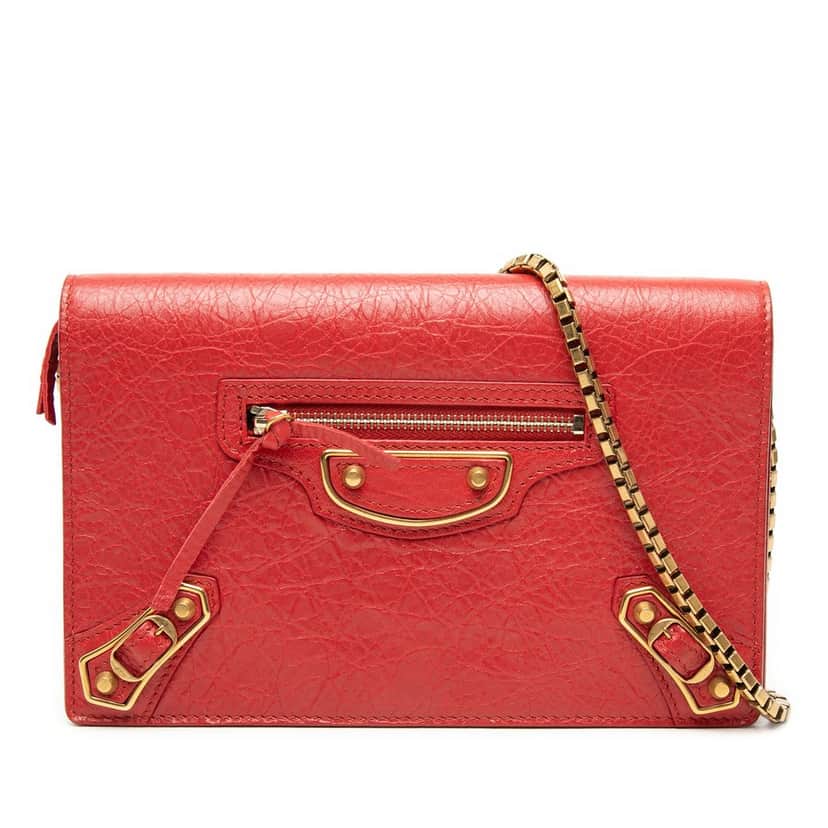 Balenciaga Chevre Motocross Metallic Edge Wallet on Chain Red Leather Very good condition - Front View