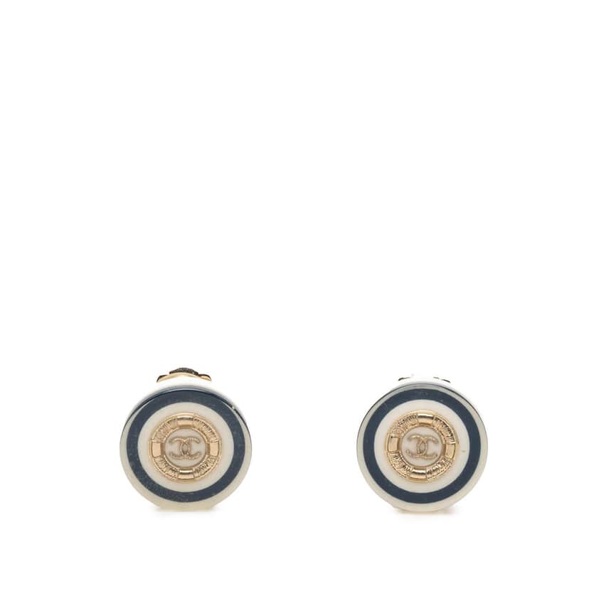 Chanel CC Gold Plated Resin Button Clip On Earrings White Plastic Very good condition - Front View