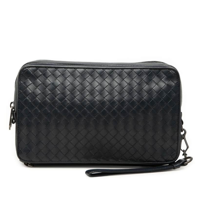 Bottega Veneta Nappa Intrecciato Wristlet Clutch Blue Leather Good condition - Front View