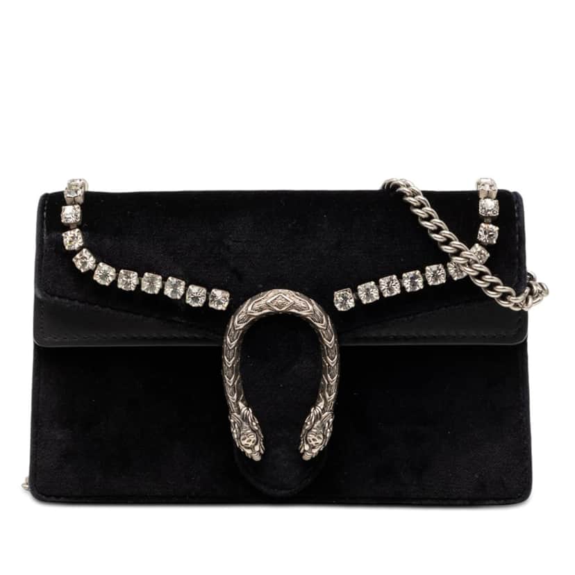 Gucci Mini Crystal Embellished Velvet Dionysus Crossbody Black Very good condition - Front View