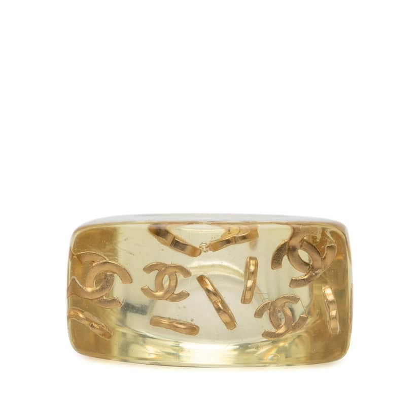 Chanel CC Acrylic and Gold Plated Logo Ring Gold Plastic Very good condition - Front View