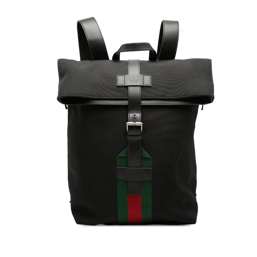 Gucci Canvas Techno Web Fold Over Backpack Black Very good condition - Front View