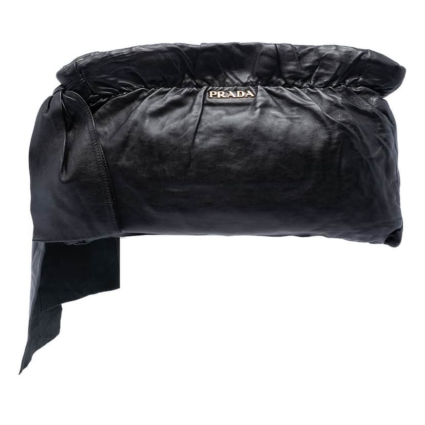 Prada Nappa Antique Bow Clutch Black Leather Very good condition - Front View