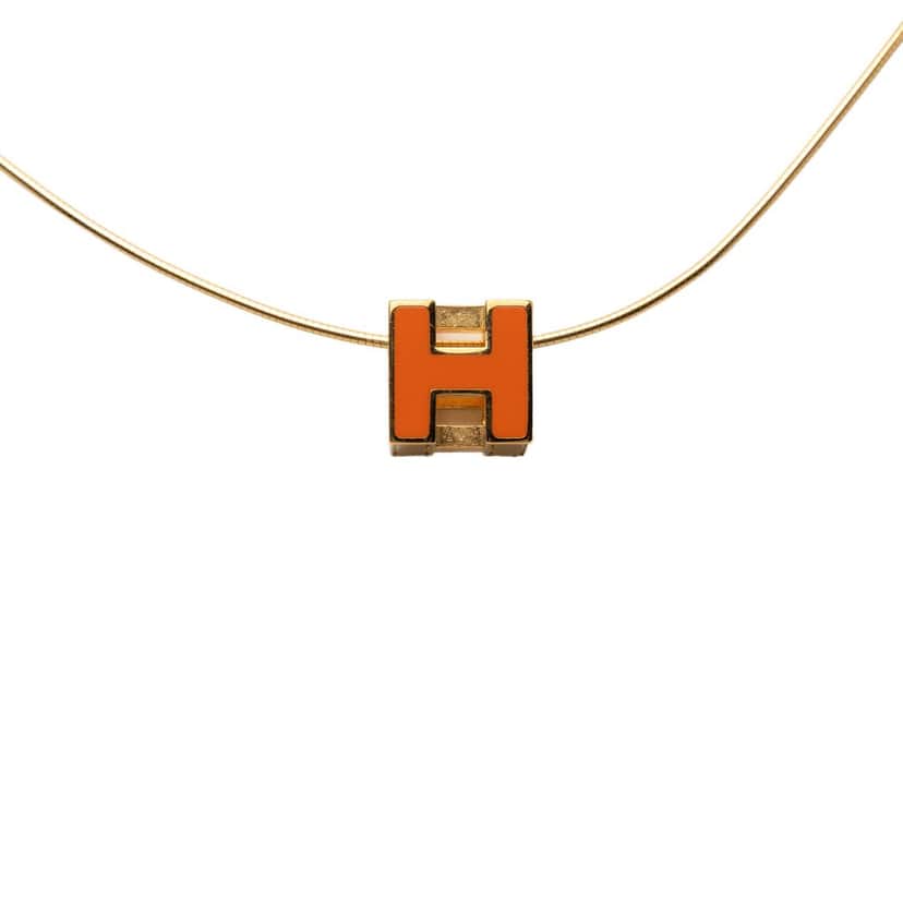 Hermès Gold Plated and Enamel Cage d H Pendant Necklace Gold Metal Very good condition - Front View