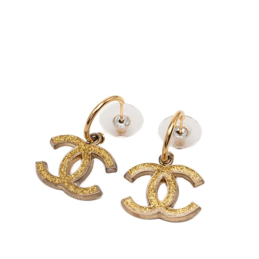 Chanel CC Gold Plated Enamel Drop Push Back Earrings Gold Metal Very good condition - Front View