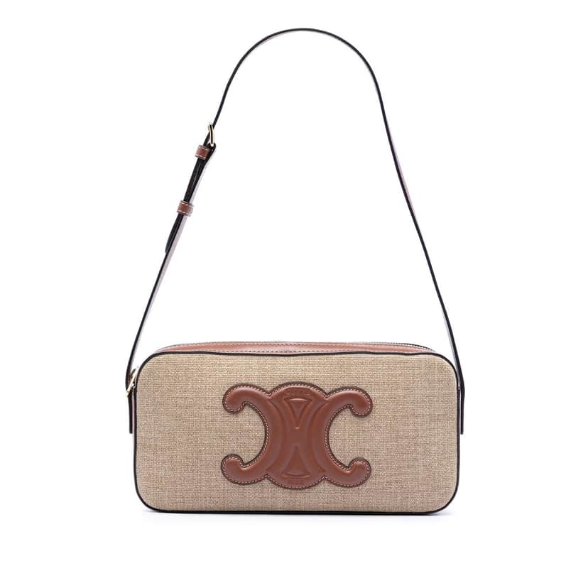 Celine Canvas and Calfskin Cuir Triomphe Camera Shoulder Bag Beige Leather Very good condition - Front View