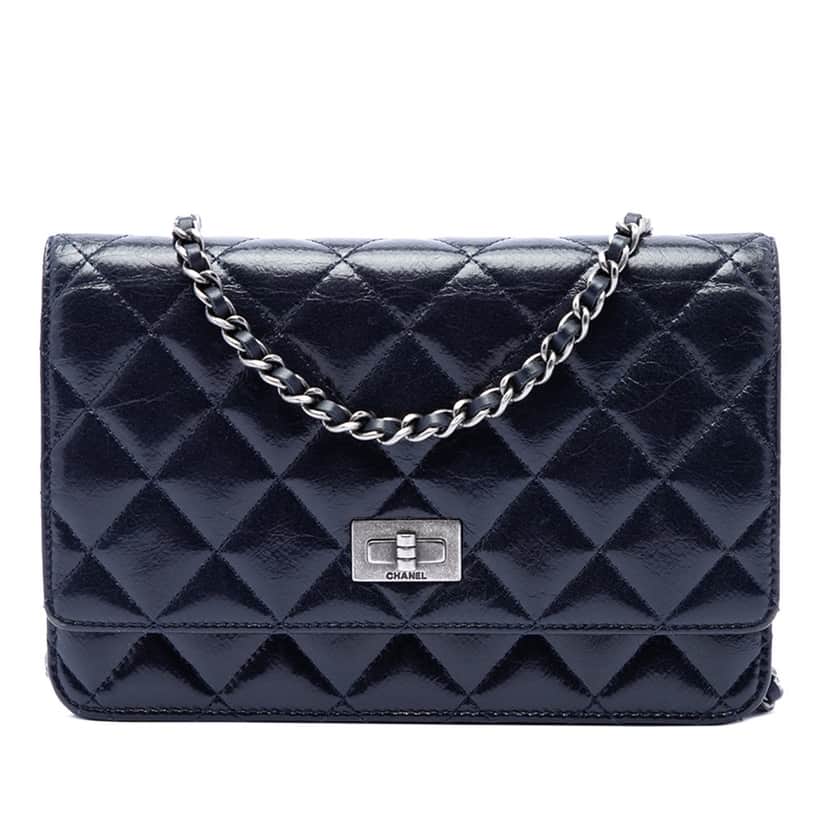 Chanel Quilted Shiny Aged Calfskin Reissue 2.55 Wallet on Chain Blue Leather Very good condition - Front View