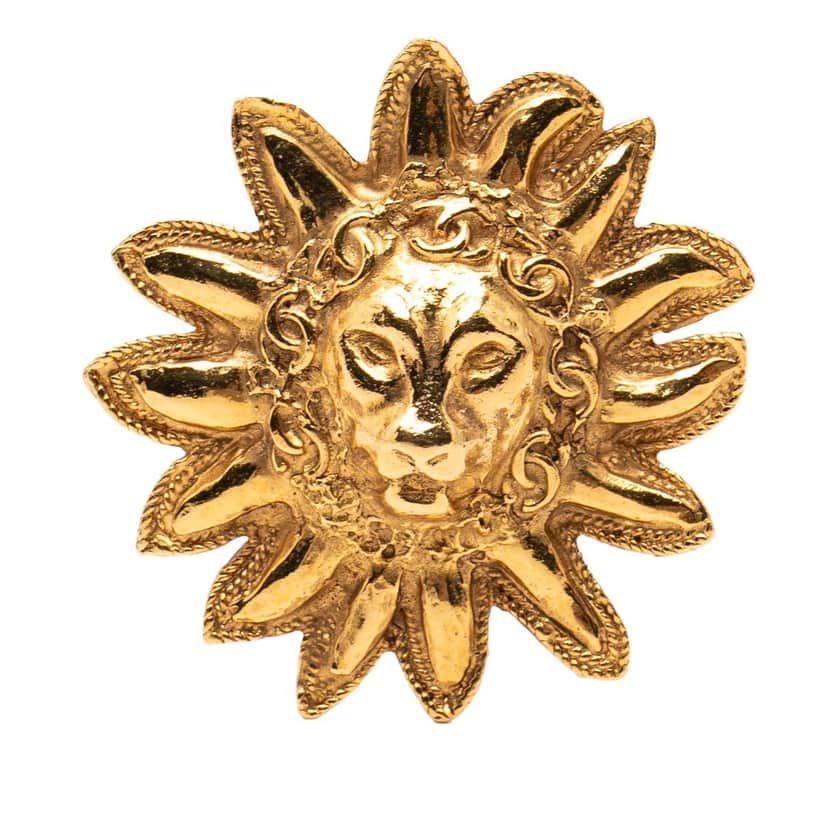 Chanel Gold Plated Lion Head Sun Brooch Gold Metal Very good condition - Front View