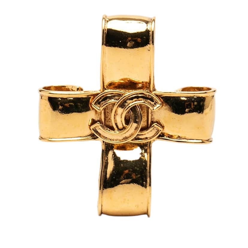 Chanel CC Gold Plated Ribbon Cross Brooch Gold Metal Very good condition - Front View