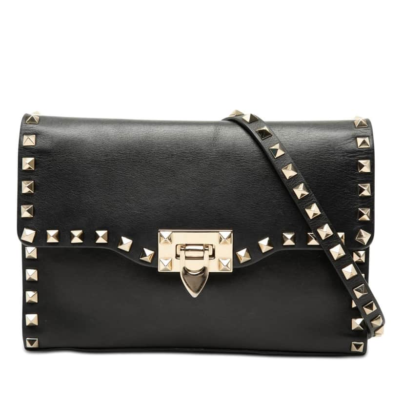 Valentino Small Leather Rockstud Flap Crossbody Black Leather Very good condition - Front View