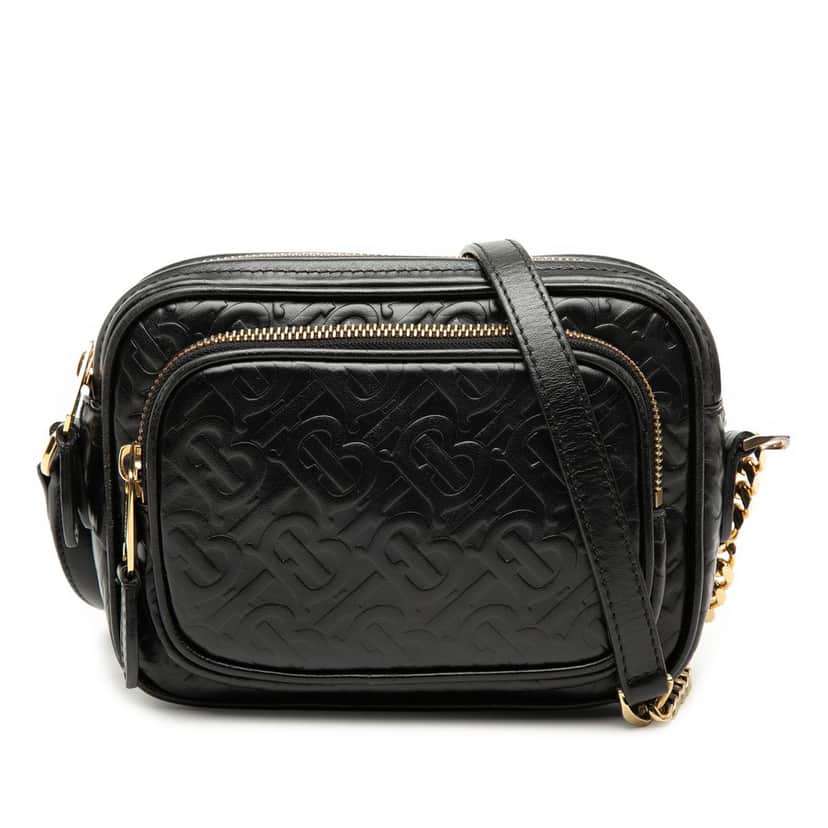 Burberry Embossed Calfskin TB Monogram Camera Chain Crossbody Black Leather Very good condition - Front View