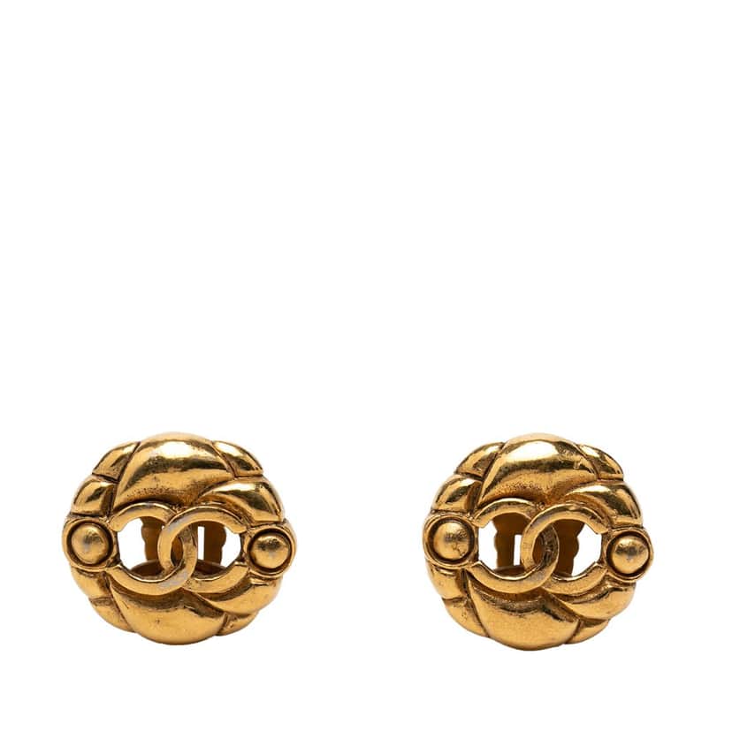 Chanel CC Gold Plated Round Clip On Earrings Gold Metal Very good condition - Front View