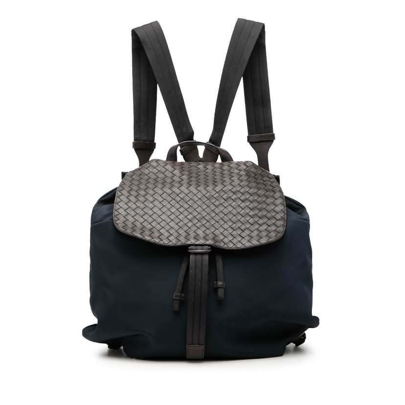 Bottega Veneta Canvas and Nappa Intrecciato Flap Backpack Blue Very good condition - Front View