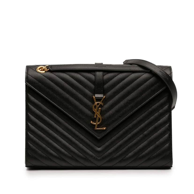 Saint Laurent Large Chevron Grain de Poudre Monogram Envelope Bag Black Leather Very good condition - Front View
