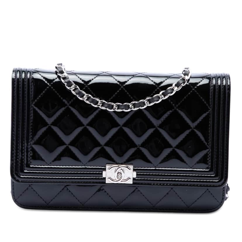 Chanel Quilted Patent Boy Wallet on Chain Black Leather Very good condition - Front View