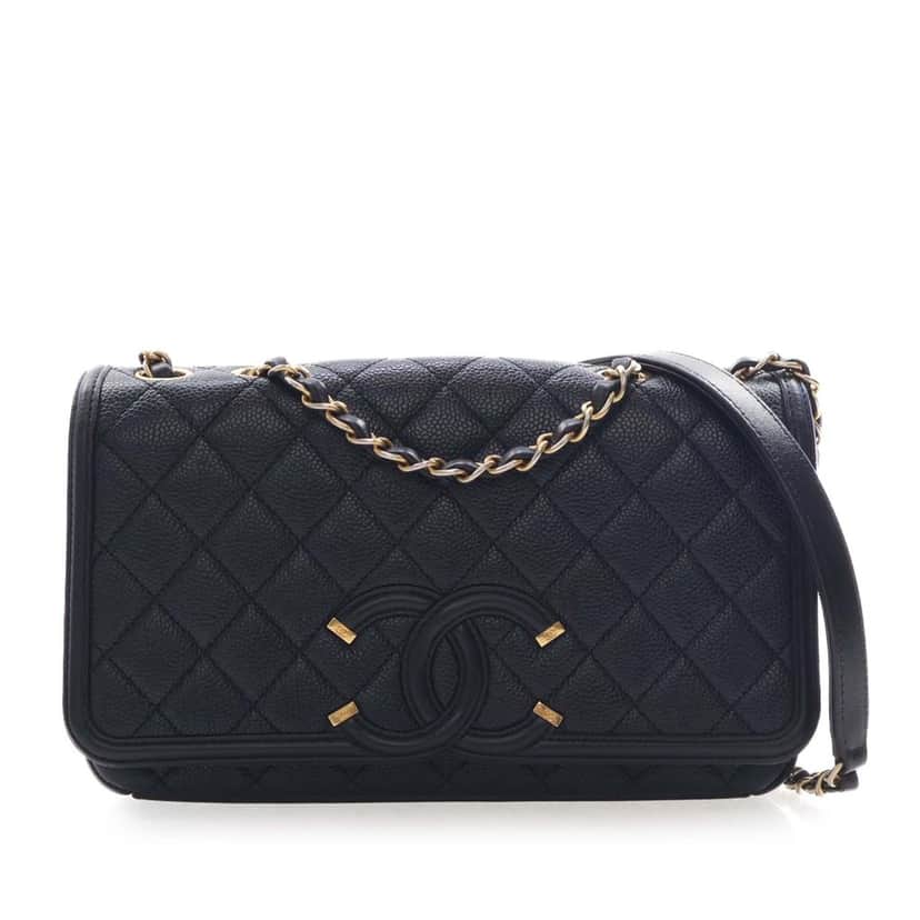 Chanel Medium Quilted Caviar CC Filigree Flap Black Leather Very good condition - Front View