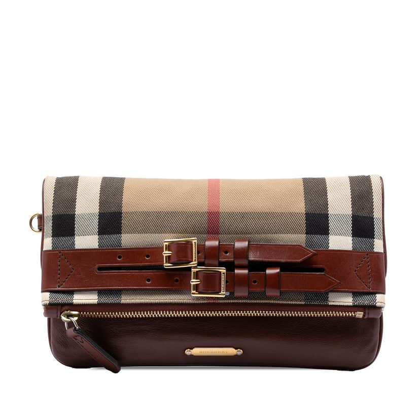 Burberry House Check Canvas and Leather Adeline Fold Over Wristlet Clutch Beige Very good condition - Front View