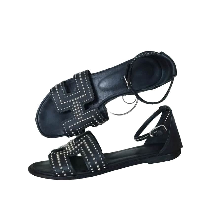 Hermès Hermes Black Leather Santorini Ankle Wrap Sandals Size 37 pre-owned Black Leather Good condition - Front View