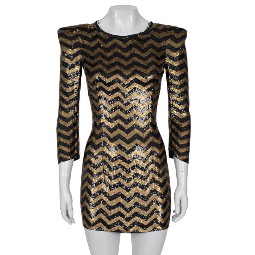 Balmain Balmain Striped Sequin Silk Mini Dress - Size S pre-owned Gold Silk Good condition - Front View