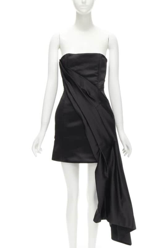 Halpern Black Satin Draped Dress Black Polyester Never worn - Front View