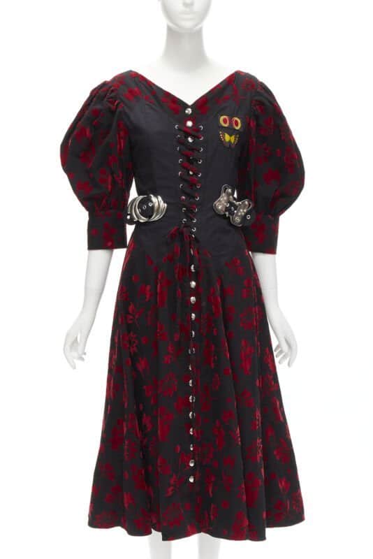 Chopova Lowena Red Velvet Victorian Dress Black Cotton Never worn - Front View