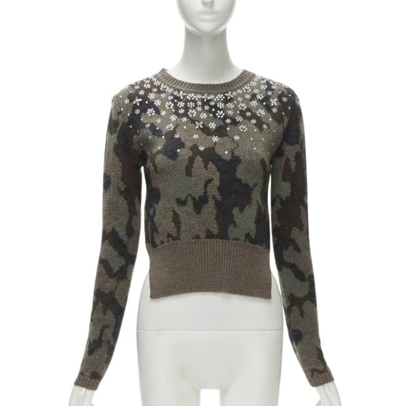 Giambattista Valli Camo Crystal Sweater Green Wool Never worn - Front View