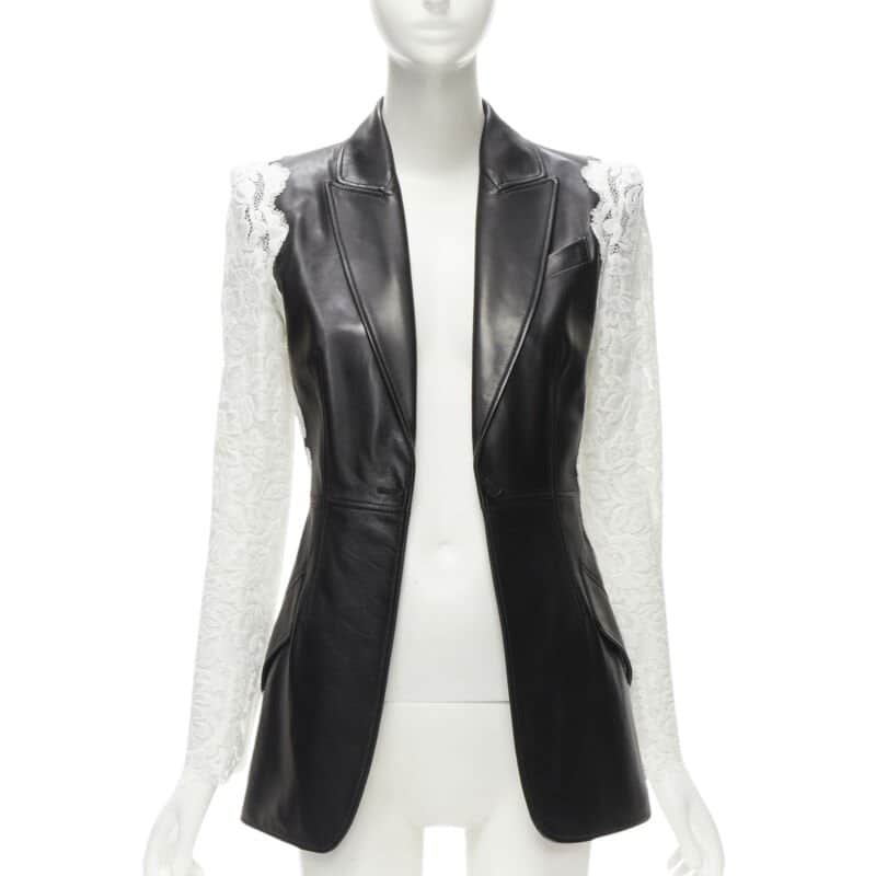 Alexander McQueen Lace Trim Blazer Black Leather Never worn - Front View