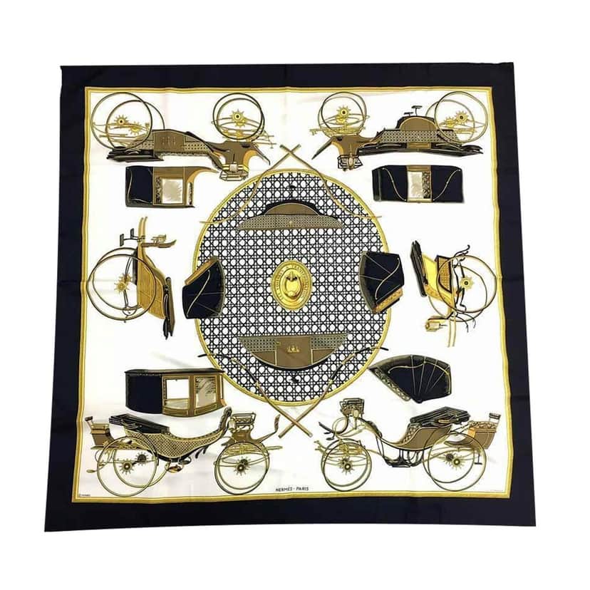 Hermès Hermes Les Voitures A Transformation Black and Gold Carriages Silk Scarf Black Silk Good condition - Front View
