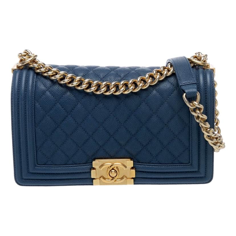 Chanel Chanel Medium Boy Bag in Dark Blue Caviar Leather with Gold Tone Hardware Blue Leather Good condition - Front View